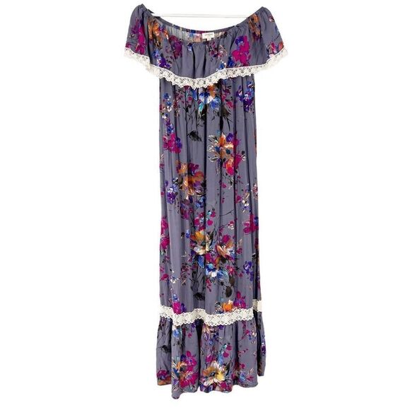 Umgee Women’s Small Floral Ruffle Crochet Off‎ Shoulder Long Maxi Dress Boho - Picture 1 of 9